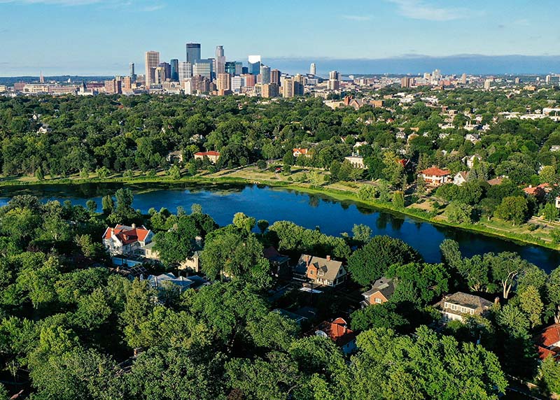 Twin Cities city skyline and residential area